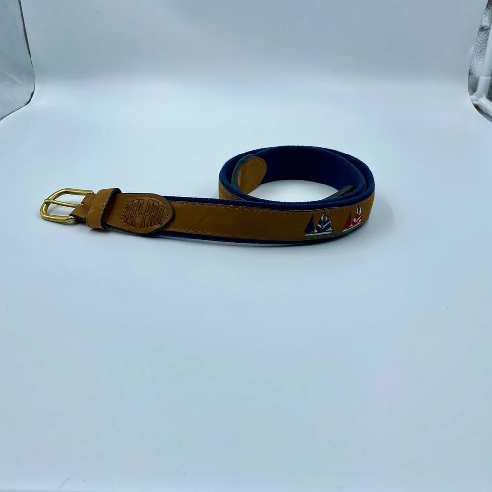 Men's Tan Leather Belt with Embroidered Sailboats